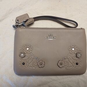 Coach Taupe Floral Embellished Wristlet